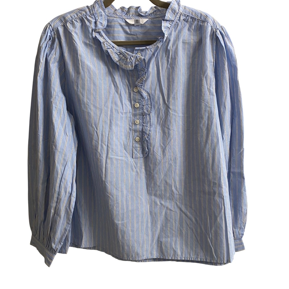 Time and Tru‎ Womens XXL 20 Office Blue Striped Ruffle Button Down Blouse NEW